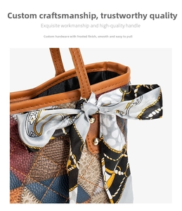 Close-up of patchwork leather tote showing grained texture and decorative silk scarf detail