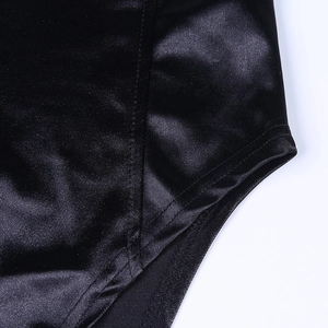 Detail of the high-quality black satin fabric and precise stitching on the bodysuit