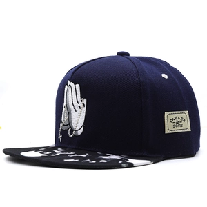 Dark blue hip hop flat brim baseball cap featuring a praying hands embroidery design