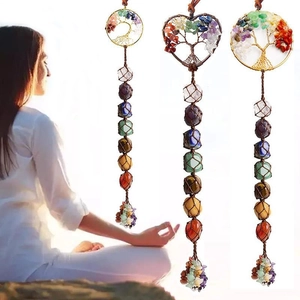 Tree Of Life 7 Chakra Natural Stone Hanging Ornament Handmade Braided Healing Energy Crystals For Car Home Wall Decor Boho