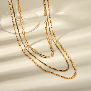 Three-layer gold stainless steel necklace set with paperclip and bead chain styles