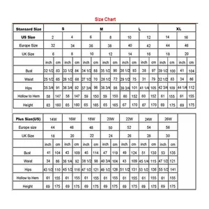 Detailed size chart for lace evening gown including standard and plus size measurements