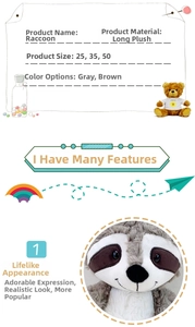 Detailed view of plush raccoon toy material showing soft grey and brown faux fur texture