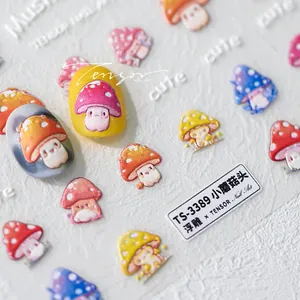Close-up of 3D embossed cute mushroom nail stickers with colorful cartoon patterns
