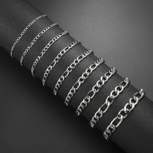 Silver stainless steel Figaro link chain bracelets in eight different widths for men and women
