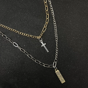 Layered gold cross necklace and silver engraved rectangle pendant chain set for women