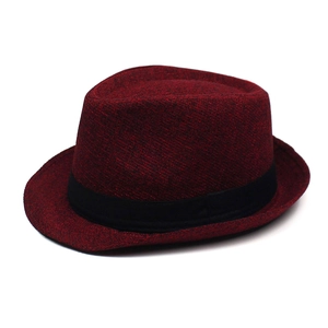 Classic burgundy fedora jazz hat with black ribbon band and fine woven texture
