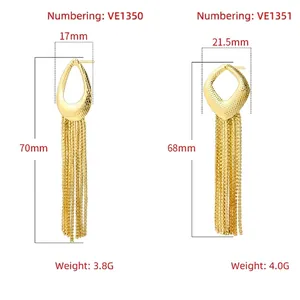 Elegant hollow geometric teardrop earrings with long tassel chains and size specifications