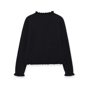 Slim fit black knitted sweater with elegant ruffled cuffs and neckline for women