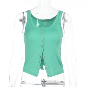 Close-up of emerald green ribbed knit crop top with silver metal buttons on chest