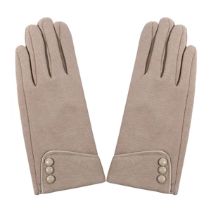 Women's khaki thermal knit gloves with fleece lining and three decorative buttons