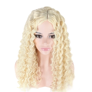 Detailed view of long blonde curly synthetic wig with tight waves and middle part