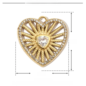 Macro view showing 23mm gold heart pendant dimensions with stainless steel and zircon data