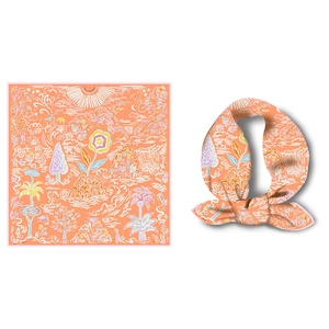 Orange square silk scarf with floral landscape print in flat and knotted view