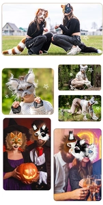 Realistic cat and leopard pulp masks shown in diverse outdoor cosplay and party scenes