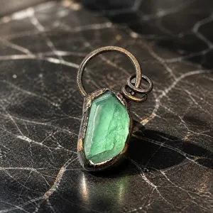 Dettaglio del ciondolo in fluorite verde grezza con cornice in rame ossidato vintage