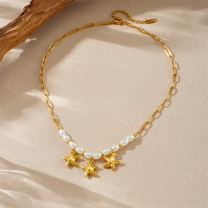 Gold starfish pendant necklace with white pearls and long link chain for women