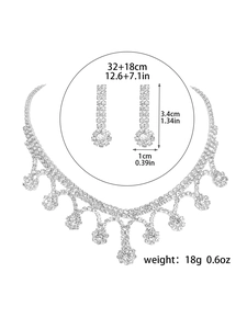 Detailed dimensions of silver rhinestone necklace and tassel drop earrings set