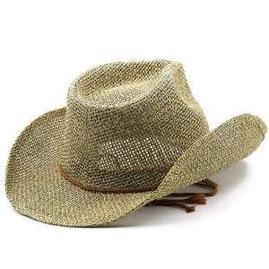 Minimalist straw western cowboy sun hat with brown decorative rope for beach sun protection
