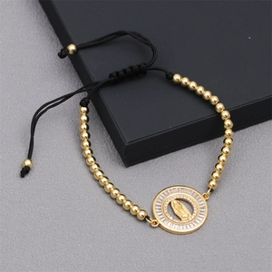Bracelet ajustable en perles dorées avec pendentif Vierge Marie et zircons brillants