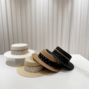 Elegant French boater straw hats for women with rhinestone ribbon in four colors
