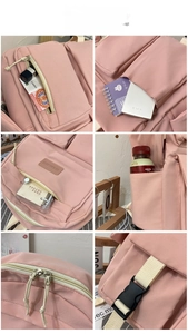 Detailed views of pink backpack showing multi-pocket structure and premium zippers