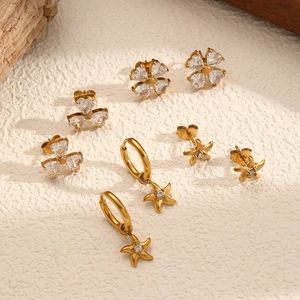 Starfish And Flower Stud Hoop Earrings Stainless Steel With Zircon Fashion Ocean Style Jewelry For Women