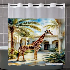 Detail of waffle fabric shower curtain featuring tropical giraffe and palm tree patterns