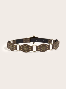 Close-up of vintage brown leather belt with hollow metal rings and antique bronze studs