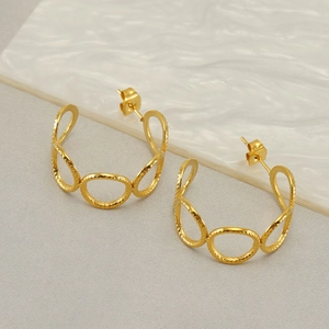Stainless Steel Hollow Hoop Earrings Gold Circular Textured Interconnected Round Loop Niche Minimalist Fashion Jewelry