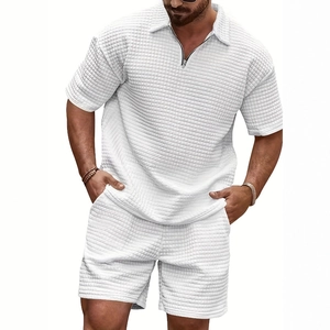 Men Short Sleeve Half Zip Polo Shirt And Shorts Waffle Knit Texture Casual Sporty Summer Suit Solid Color
