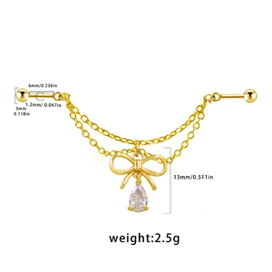 Detailed dimensions of gold bow and teardrop zircon pendant industrial barbell piercing