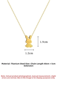 Detailed dimensions of gold titanium steel rabbit pendant necklace with chain length info