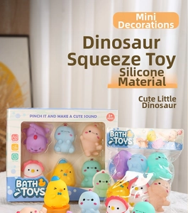 Close-up of colorful dinosaur squeeze toys with soft vinyl texture and squeaky sound
