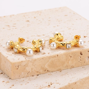 Vintage style gold stainless steel earrings with white pearls and square zircon stones