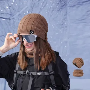 Ensemble bonnet en tricot et tour de cou hiver avec doublure polaire pour extérieur