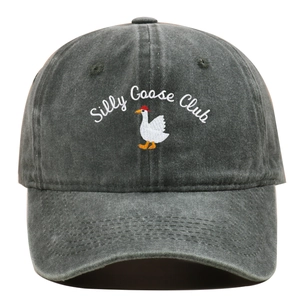 Close-up of Silly Goose Club white embroidery on a dark grey washed cotton baseball cap