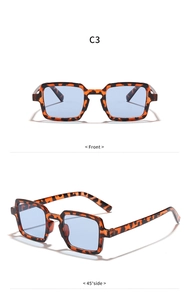 Detail view of tortoiseshell square sunglasses with light blue lenses and C3 color code