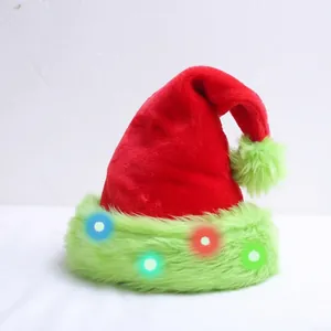 Detail of red and green plush Christmas hat with integrated colorful LED glowing lights