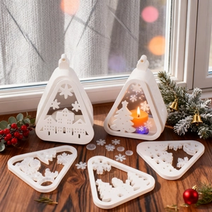 Hollow triangular Christmas candle holder with snowflake and pine tree cutout details