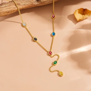 Gold stainless steel Y-necklace featuring vibrant multi-colored oval cut gemstones