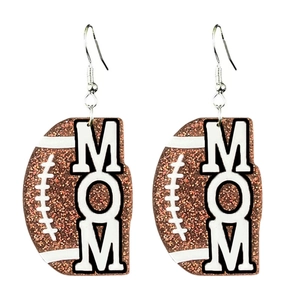 Detail of glitter brown rugby earrings with MOM lettering and white stitch texture