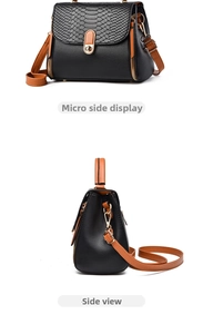 Detailed views of a mini square handbag with black crocodile pattern and brown leather trim