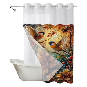 Detail of waffle weave shower curtain featuring vibrant bird, red leaves, and berry prints