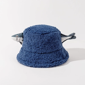 Detailed view of the dark blue lamb wool bucket hat with creative fish doll design