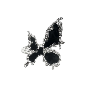 Artistic silver open ring featuring a black liquid butterfly design with zircon accents