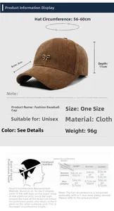 Size chart for stylish bow baseball cap showing dimensions and head circumference guide
