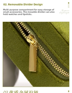 Detalle de alhajero de terciopelo con cremallera de metal dorado y tela verde de felpa