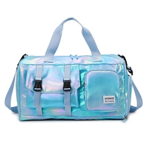 Blue pearlescent waterproof fitness bag with reflective surface and dual handles