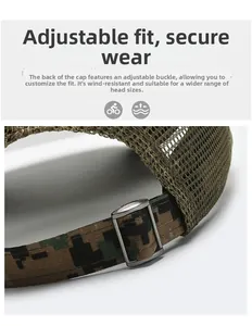 Détail de la boucle en métal réglable et du filet respirant sur casquette camouflage